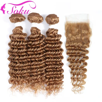 

Brazilian Deep Wave Human Hair Bundles With Closure 4x4 SOKU Honey Blonde Red Hair Weave Bundles With Closure Non-Remy Bundles