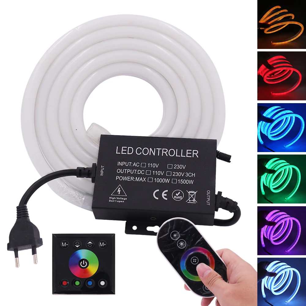 

220V LED Neon Strip Light Sign RGB 5050 Remote Control Flexible Neon Rope SMD2835 120Leds/m Waterproof LED Tape Outdoor Lighting