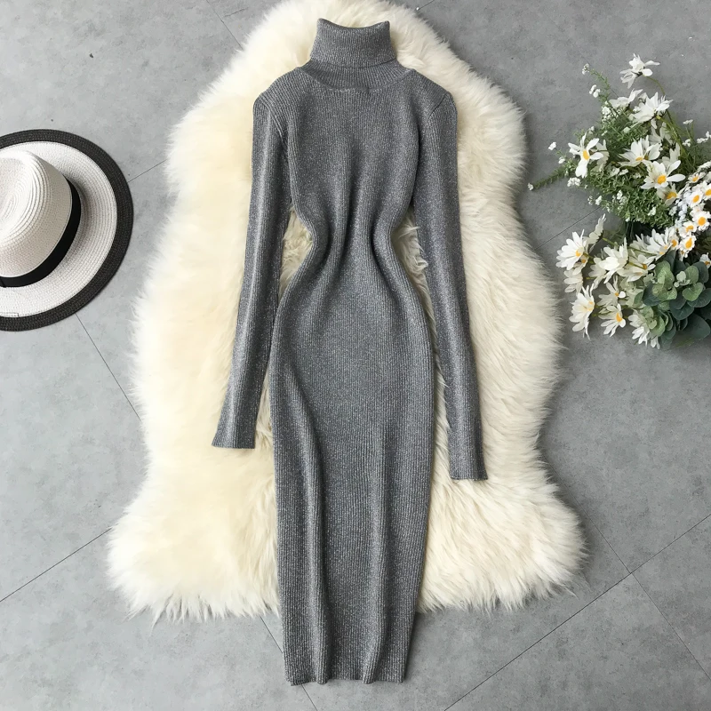 Autumn Winter Dress Women Warm Turtleneck Glitter Knitted Sweater Dress Casual Bodycon Midi Dress Long Sleeve Ladies Dresses