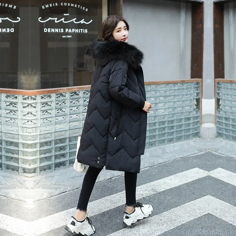 

2021 Winter Down Jacket Women's Mid-length Korean Version Loose Solid Color Coat With Large Fur Collar Hooded Padded Outerwear
