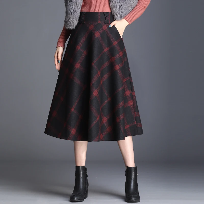 

SymorHouse Woolen Skirt Women Autumn Winter Plaid A-line Skirts Plus size 3XL Female Long Skirt Slim High waist Wool Skirts