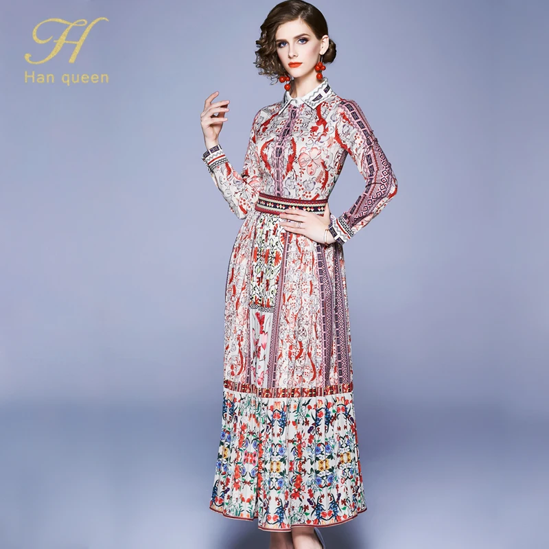H Han Queen Women Vintage A-line Long Dress Ladies Winter Business Office Party Print Pleated Dresses Trun-down Collar Vestidos