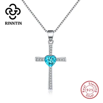 

Rinntin 925 Sterling Silver Necklace 6 Colors Heart AAA Zircon Women Cross Pendant Necklaces Religious Jewelry TSN88-L