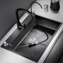Pia da cozinha de aço inoxidável único-banho nano undercounter três furos pia com torneira preto retangular cesta pia única tigela