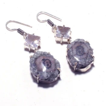

Genuine Solar Quartz Druzy Silver Overlay on Copper Earrings , Hand made Women Jewelry Gift, E5401
