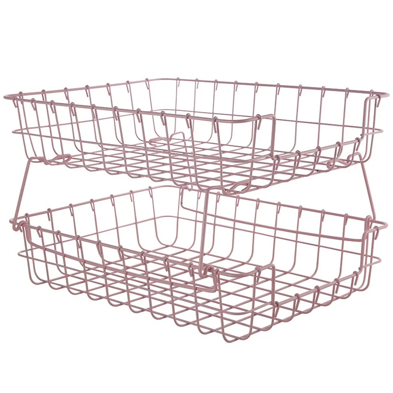 

Dual Layer Pink Wrought Iron Stackable Storage Basket Home Desktop Cosmetics Finishing Basket Office Paper Organizer Cleave