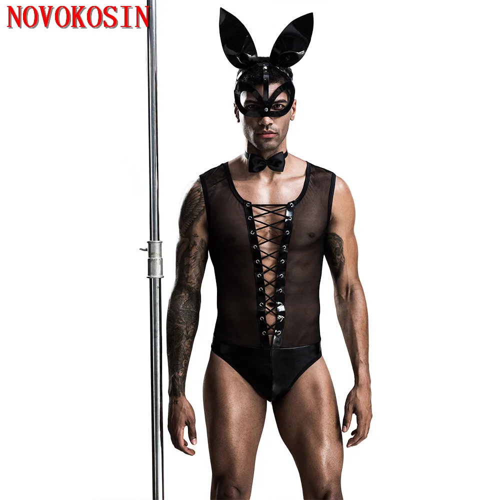 4 Men Faux Leather Panties Rabbit Ear Facepiece Fur Ball Tail Set Costume Cosplay PU Night Club Bunny Bandage Top Net Bodysuit