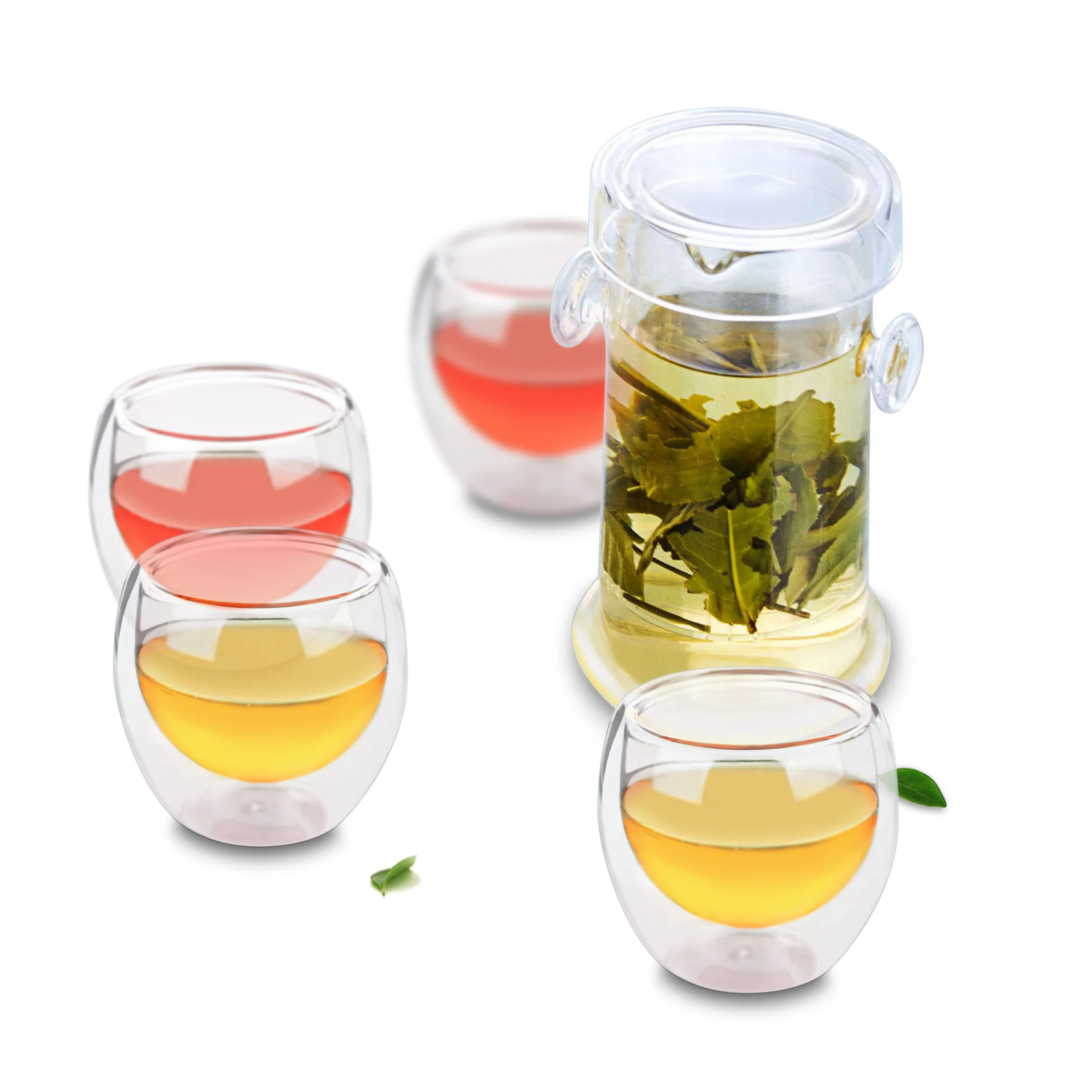 

Cute Serving Teapot Coffee Pot & 4 Double Walled Glass Tea Cups Coffee Mugs