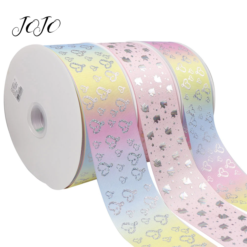 

JOJO BOWS 75mm 2y Grosgrain Ribbon Printed Bronzing Shiny Unicorn Heart Love DIY Hairbows Material Box Card Wrapping Decoration