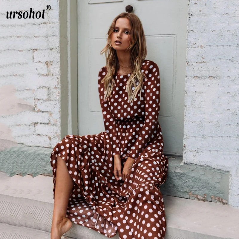 Ursohot в горошек платье макси с длинным рукавом Для женщин осень пляжное Boho Vestidos