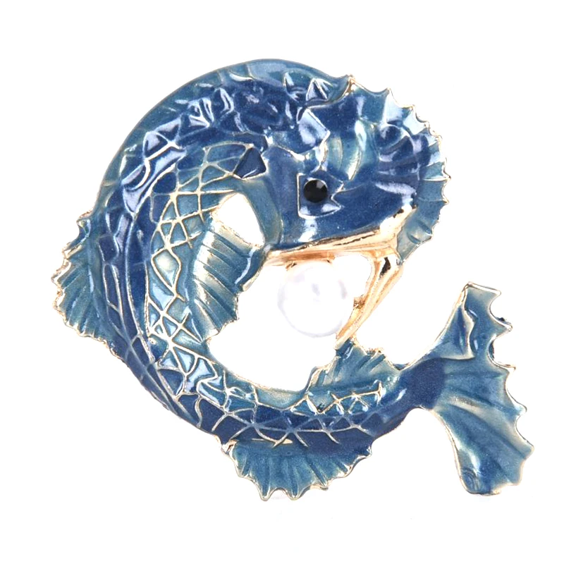 Blue Fish Brooch Pin With Pearl Fashion Collar Decoration Badge Corsage Jewelry Gifts