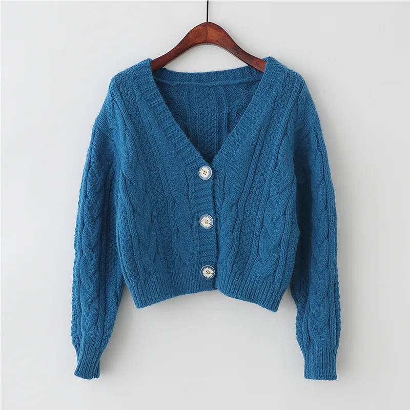 

Korean Sweet V Neck Lantern Sleeve Cropped Cardigan Women Fashion Solid Color Twist Knitted Jumper Girls Autumn Outwear Sweater