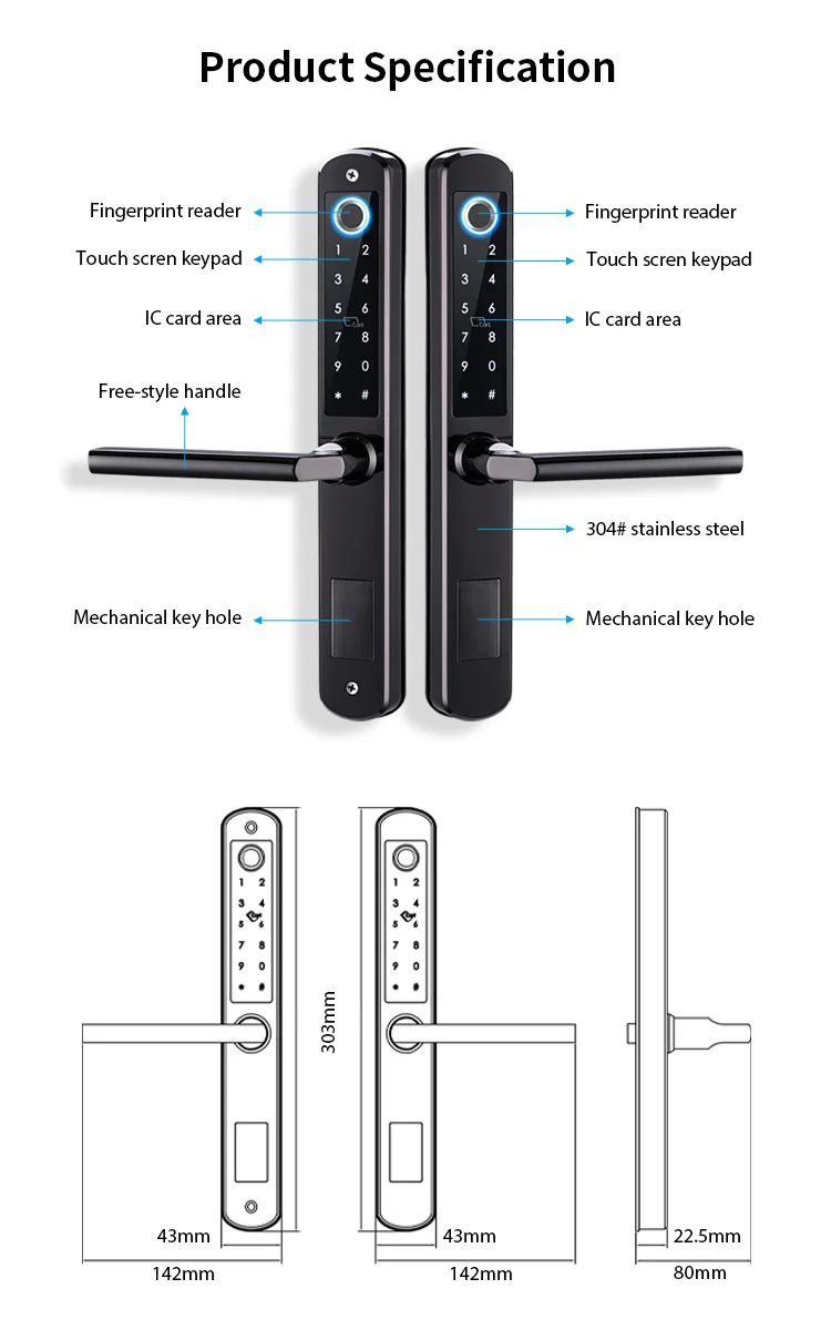Waterproof Double-sided Gate Lock Fingerprint Lock APP RFID Code Keyless Smart