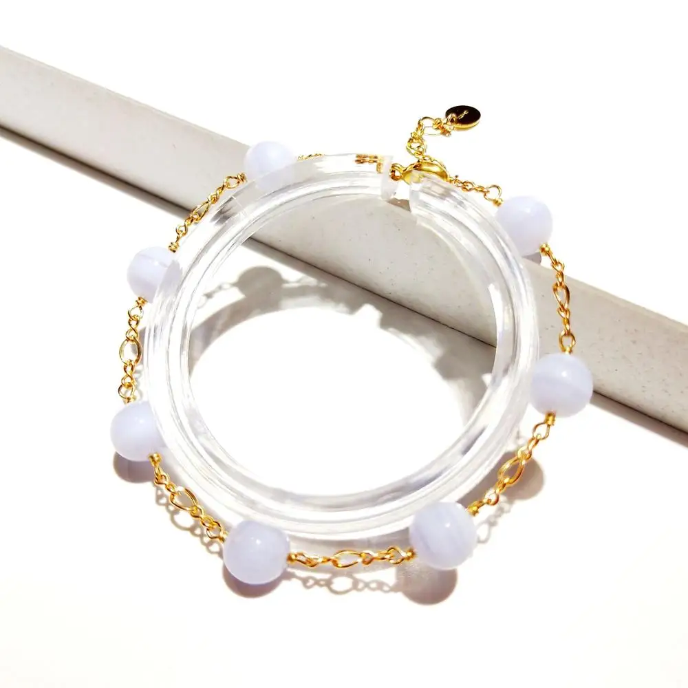 

Lii Ji 8mm Blue Lace Agate American 14K Gold Filled Chain Bracelet Natural Stone Gold Color Link Bracelet 18-21.5cm