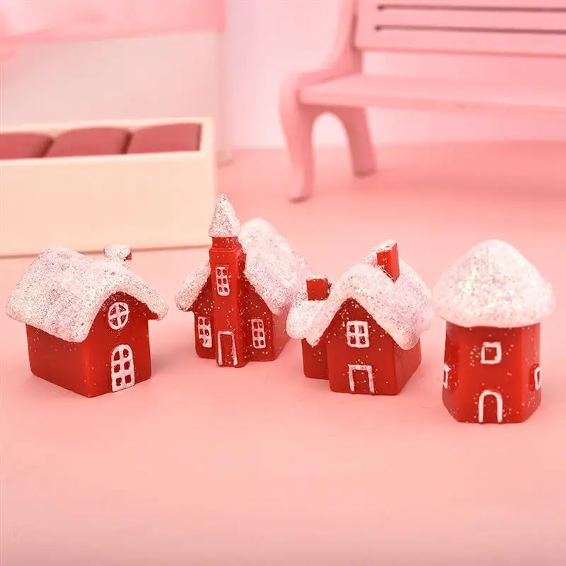 

4pcs/Set Kawaii Christmas Snow House Decor Figurines Fairy Garden Miniatures Resin Craft Micro Landscape Home Decor