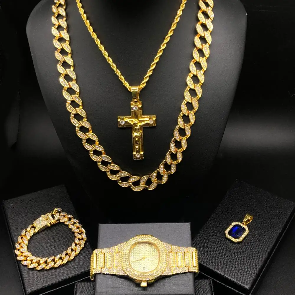 

Luxurious men's diamond and Jesuit set, ice out of Cuban trend hip hop Watch & Necklace replacement set & Cuban Bracelet Set