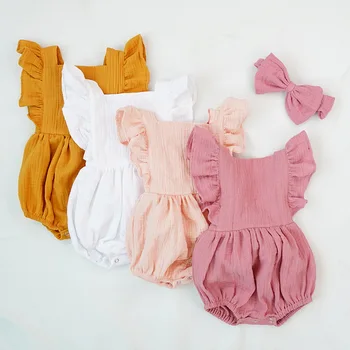 

2020 Newborn Cotton Ruffles Bodysuit Romper + Headband Playsuit Baby Girl Clothes Girl Summer Soild 4 Color
