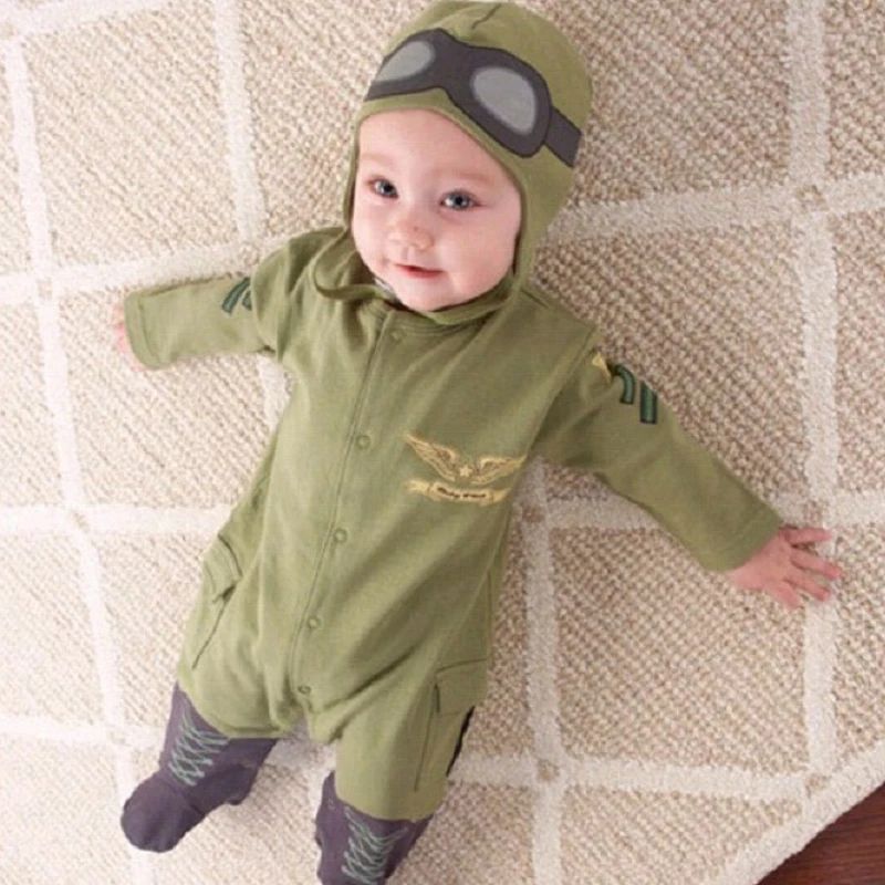 

Baby Rompers Pilot Airman Costumes Cotton Army Green Boy Clothes Fly Aviator's Helmet Hat Clothing Without Foot Jumpsuit + Cap