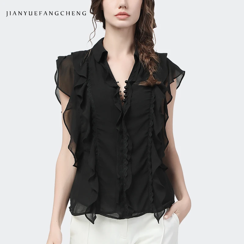 Fashion Women' Summer Sleeveless Black Chiffon Blouse Ruffles Turn-down  Collar Female Casual Tops Loose Plus Streetwear Shirts - Women Blouse -  AliExpress