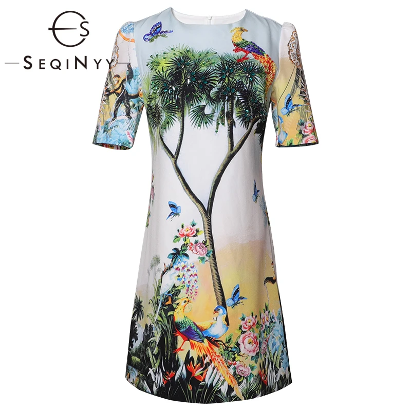 

SEQINYY Summer Dress 2020 Early Spring New Fashion Design Women Tree Flowers Bird Beading Crystal Luxury Mini Dresss