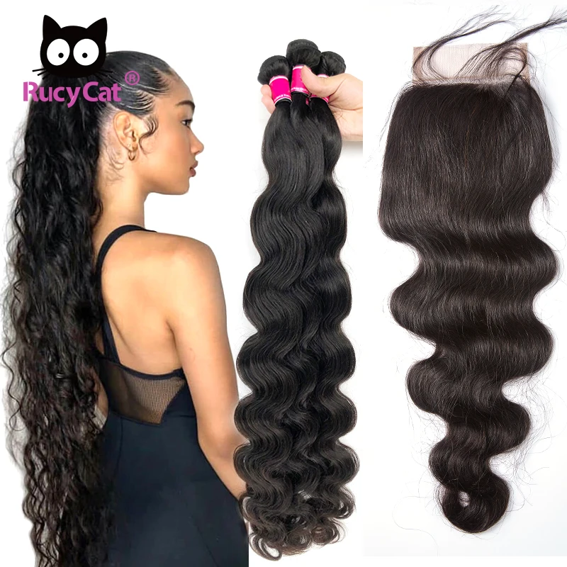 Rucycat Body Wave Bundles With Closure Brazilian Hair 30 Inch Bundles 32 34 36 38 40 Inch 100% Human Hair Bundles With Closure