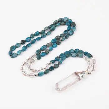 

Natural White Quartz Freeform Point Pendant White Quartz Blue Apatite Nugget Chip Beads Cord Knotted Handmade Necklace N0264JBCJ