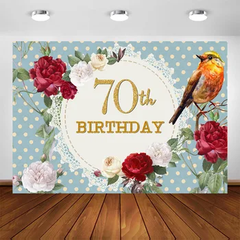 

Birthday Party Banner Backdrop for Photography Bird Rose French Cottage Floral 70th Birthday Background Photocall Photobooth