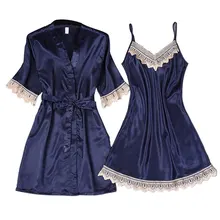 Женский пижамный комплект с v-образным вырезом, летняя сексуальная Пижама для взрослых, имитация ледяного шелка, мягкий женский однотонный подарок, кимоно, халат, модная кружевная сорочка