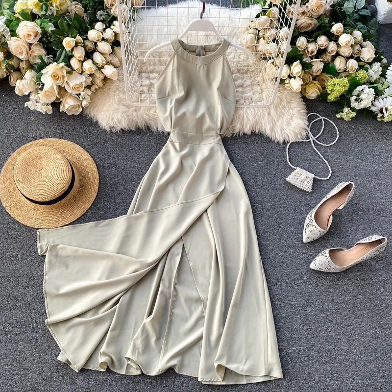 OCEANLOVE 2020 Summer Dress Halter Solid High Waist Fashion Elegant Vestidos A-line OL Elegant Zipper Dress Women 15654