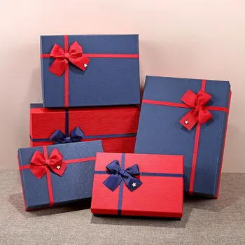 

Christmas Blue Red Rectangular Bow Box Creative Simple Gift Box Carton Cosmetics Gift Box Party Supplies