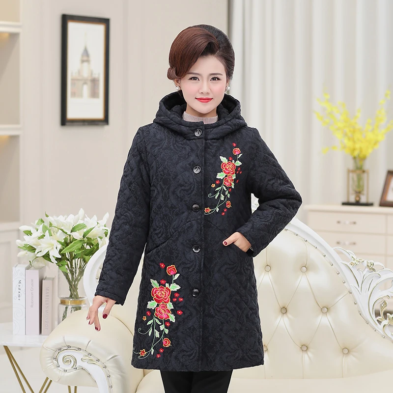 Зимние женские парки с вышитыми цветами, куртка, плюс размер, 5XL, толстовки, женская верхняя одежда среднего возраста, теплые бархатные пальто, одежда