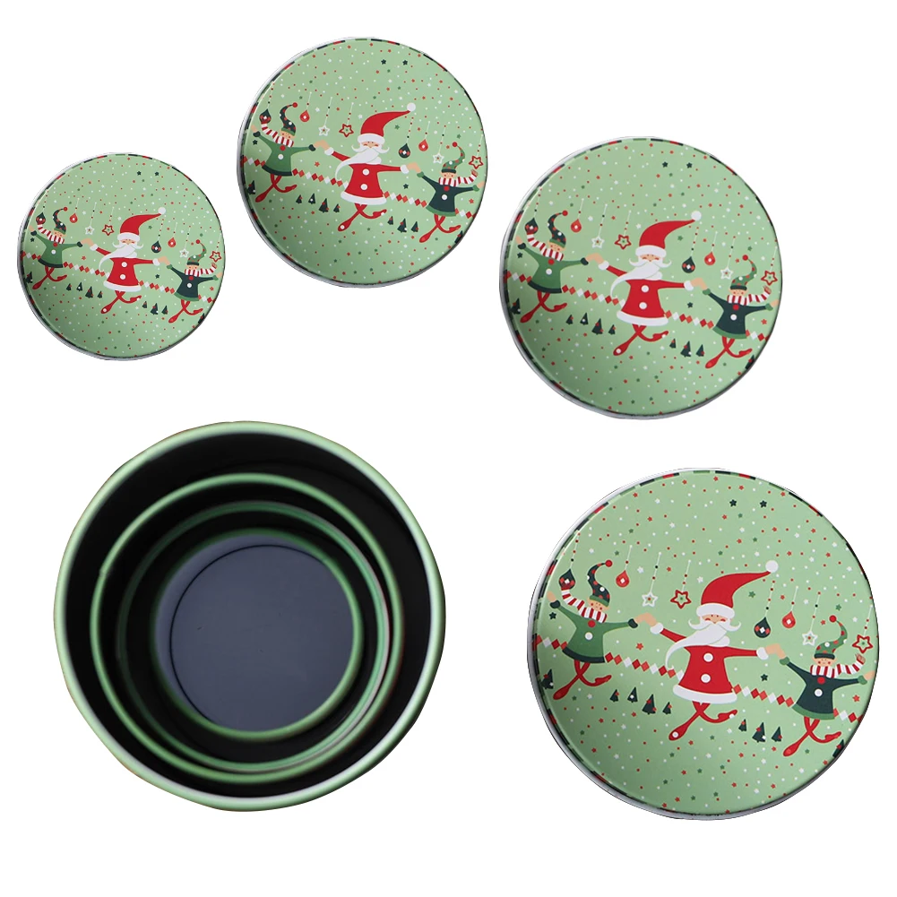 

4 Pcs Christmas Cartoon Party Home Decoration Container Portable Gift Case Holiday Round Tinplate Storage Candy Box Set Children
