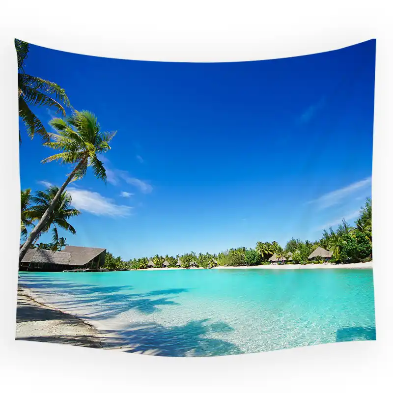 Seaside Beach Waves Scenery Coconut Tree Sunset Sunrise Pattern Tapestry Living Room Background Bedroom Art Wall Blanket 95x73cm