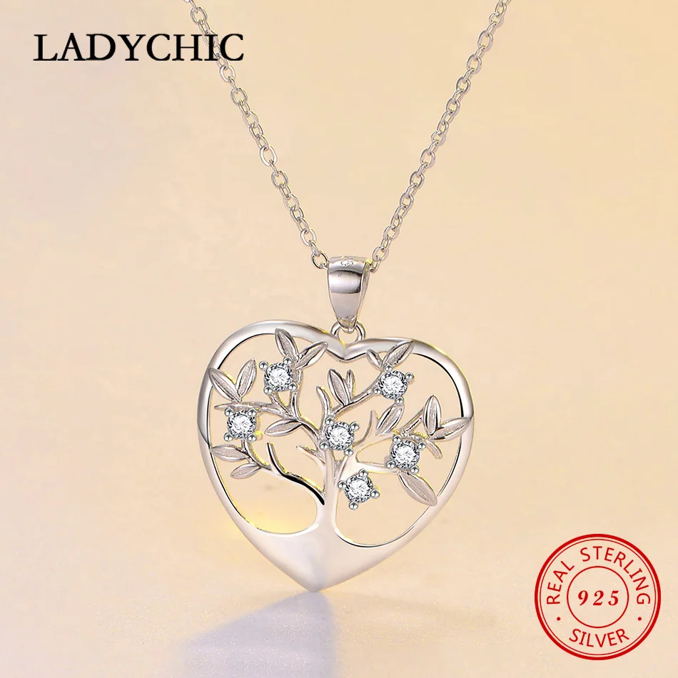 LADYCHIC, классический, 925 пробы, серебряный, дерево жизни, круглый кулон для женщин, мама, прозрачный, CZ, массивное ожерелье, хорошее ювелирное изделие, LNS1041