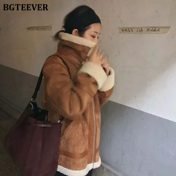 

BGTEEVER Pu Leather Thick Faux Lambswool Coat Female Winter Pockets Warm Women Jacket Coat Outerwear Streetwear Ladies Jackets
