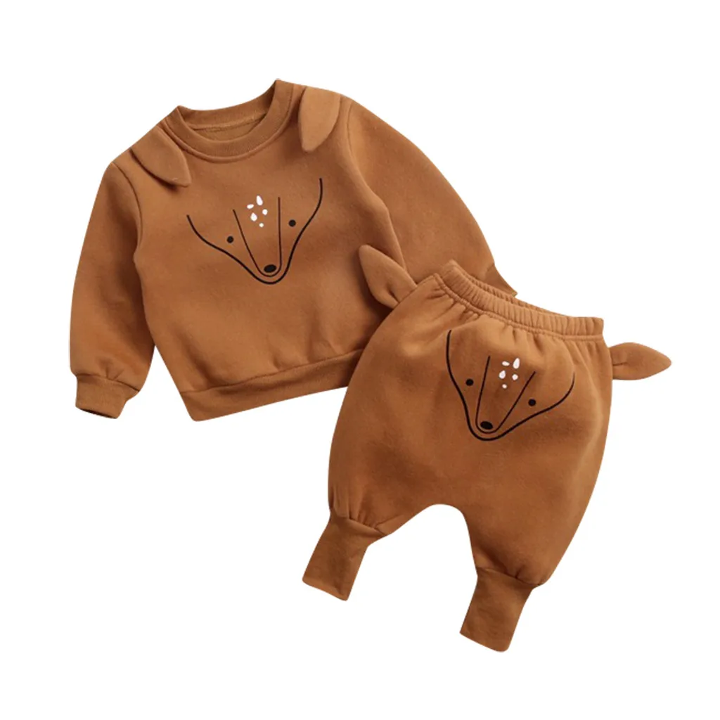 Одежда для новорожденных мальчиков и девочек зимний комплект одежды топы с рисунками животных для маленьких мальчиков, флисовые Гаремные Брюки Одежда - Цвет: Коричневый