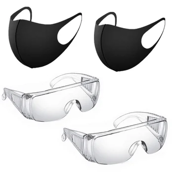

2PCS Safety Goggles Glasses+ 2 Masks Dust-Proof Transparent Working Glasses Lab Dental Eyewear Splash Eye Anti-wind Glasses Mask