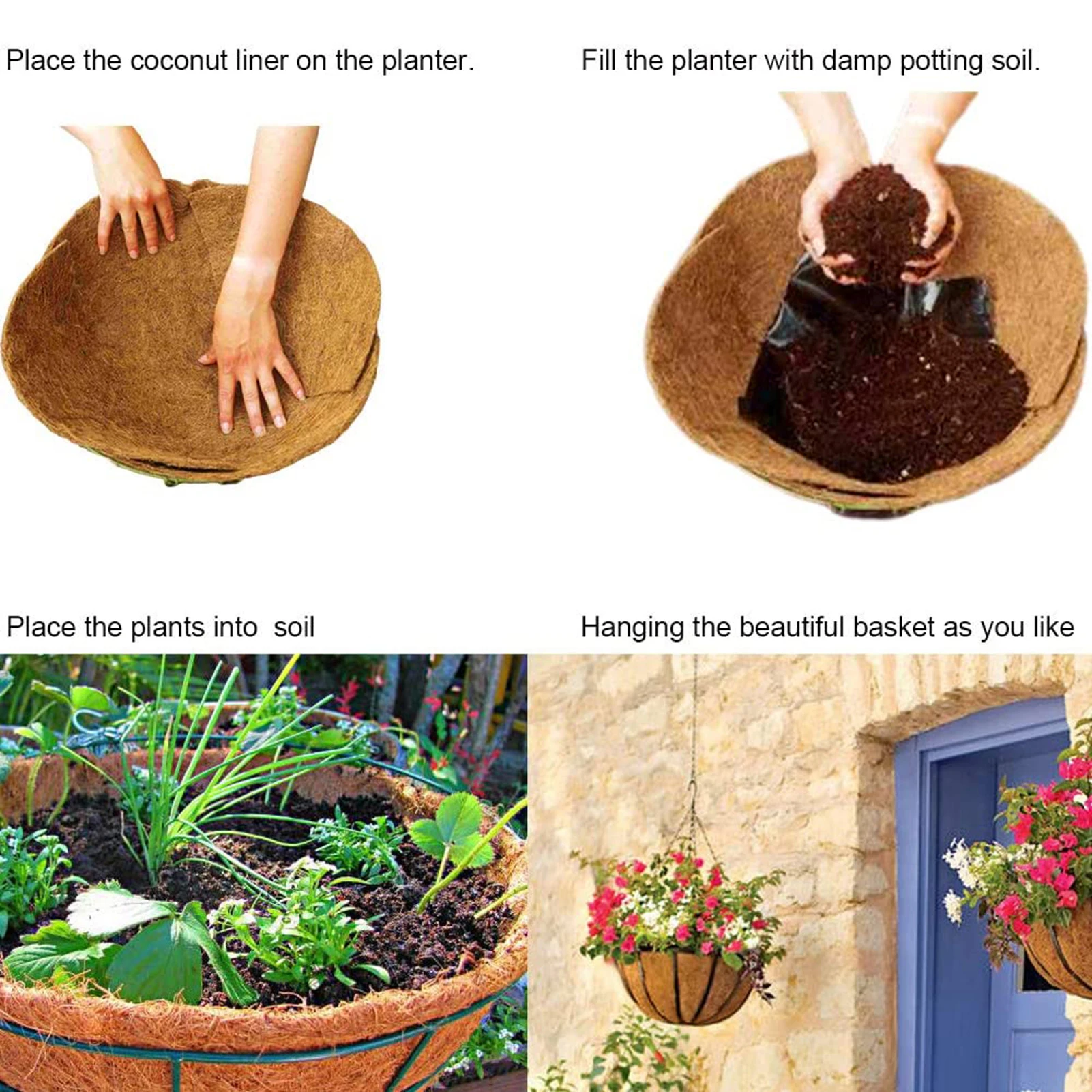 LaLaGreen Lot De 2 Paniers Suspendus Pour Plantes Avec Doublure En Fibre De Coco, Panier Rond En Fil Métallique Noir Avec Chaîne à Crochet De Suspension Pour Extérieur, Terrasse, Balcon, Jardin