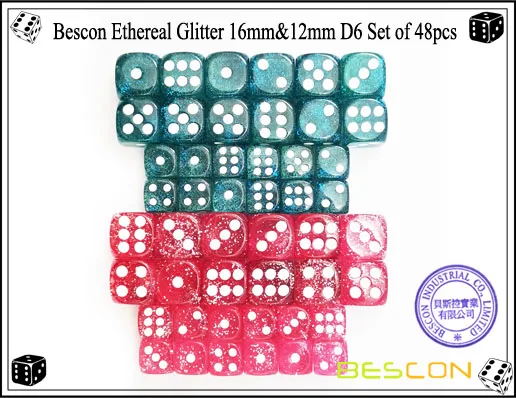 Bescon Ethereal блестящие кости D6 16 мм и 12 мм 48 шт. набор, игра игральные кости блеск Роза и бирюзовый в 12 мм и 16 мм каждый 12 шт