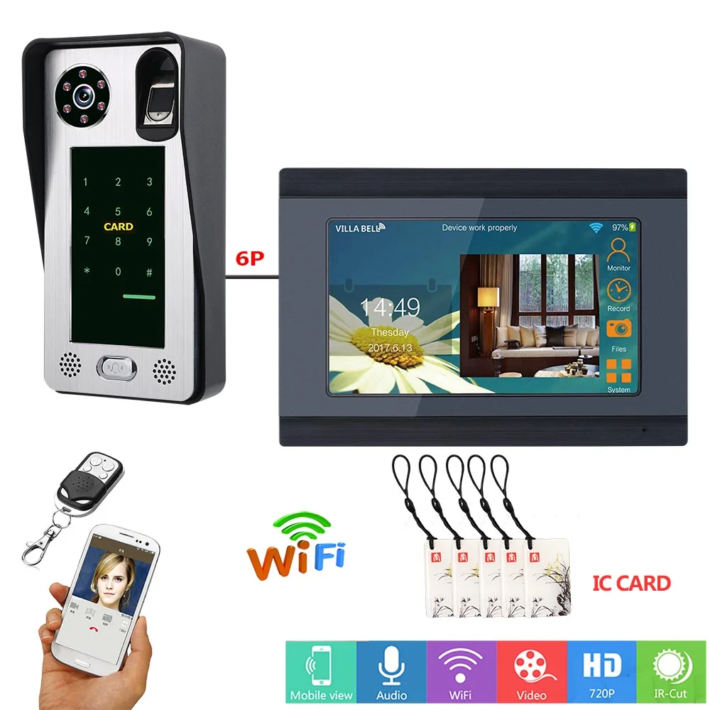 Security APP Control 7 Inch Monitor Wifi Wireless Fingerprint Password Video Door Phone Doorbell Camera Intercom+IC Card