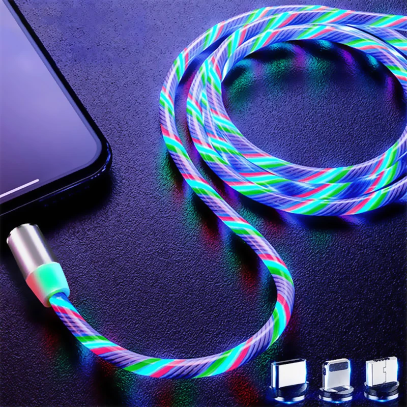 Magnetic Flowing Light LED Micro USB Cable For Samsung S10 S9 Type-c Charging Charge For iPhone 2M Magnet Charger Type C Cables