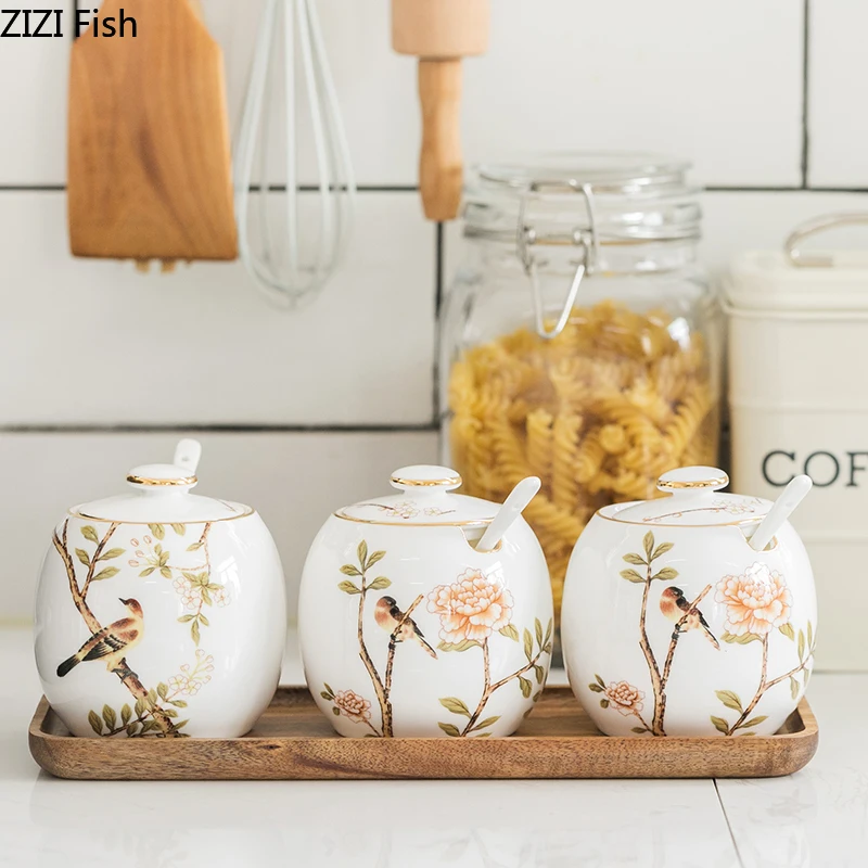 Chinese Style Ceramics Spice Jar Suit Seasoning Box Three-piece Kitchen Storage Home Decorations with Lid Spoon |