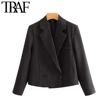 

TRAF Women Vintage Stylish Double Breasted Office Wear Blazer Coat Notched Collar Long Sleeve Female Outerwear Chi Tops