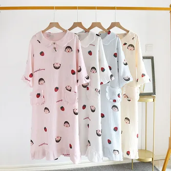 

Japanese summer ladies nightdress cotton gauze nightdress crepe princess skirt crepe 3/4 sleeve long skirt female nightgown