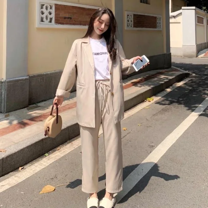 Винтажный свободный женский костюм пиджак с длинным рукавом брюки повседневный