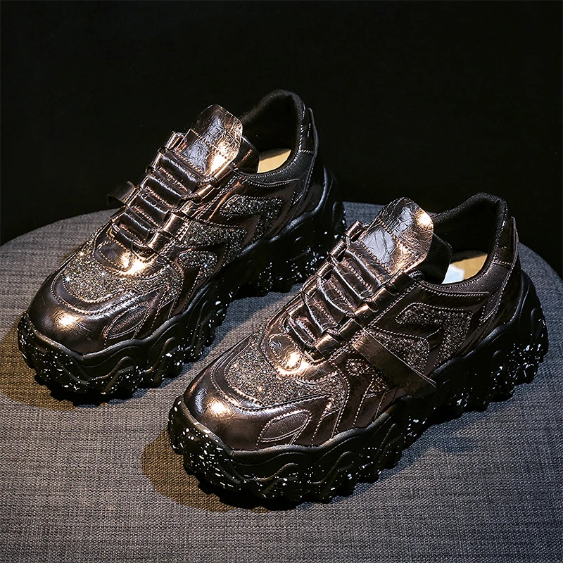 

Spring Leather Platform Sneakers Shoes Woman Fashion Casual Lace Up Dad Chunky Sneakers Luxury Comfort Black Glitter Sneakers