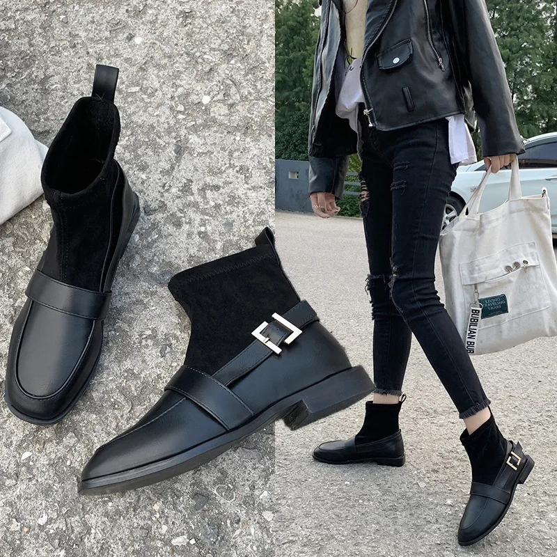 

Elasticity Martin Boots Women's British-Style 2019 New Style Boots Versatile Flat Autumn Short Boots Women's Singles Boots Elast