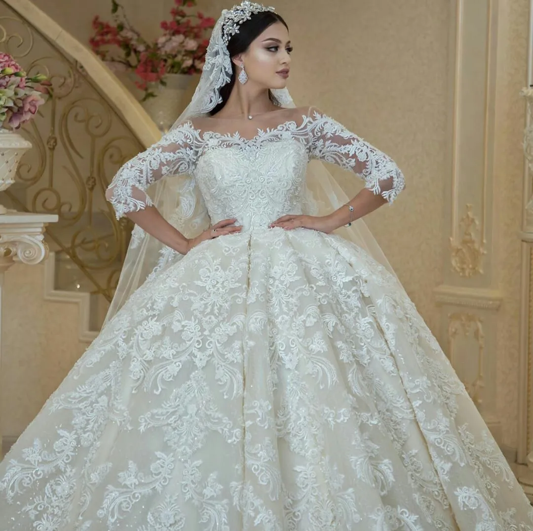 Wedding Dress Charming Puffy Bridal Ball Gowns Long Sleeve Lace Appliques C29 