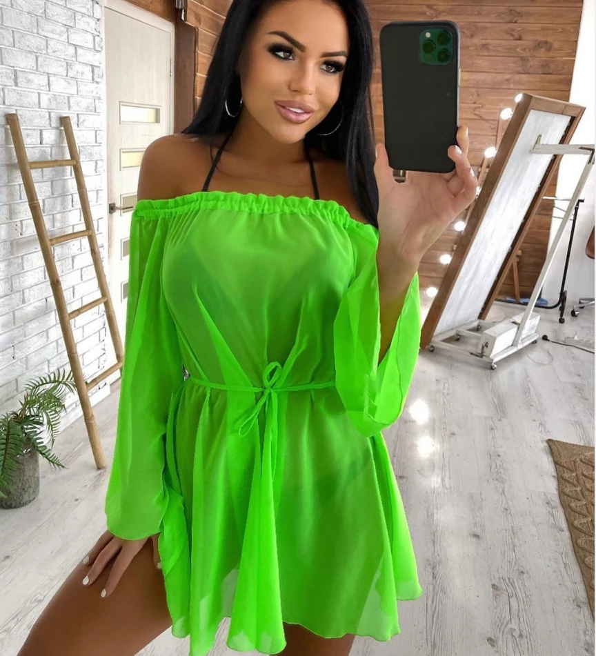 Yiiciovy Summer Sexy Women's Solid Color Bikini Cover-Ups Beach Femme Ruffles Long Sleeeve Mini Dress Beachwear Tulle Cover Ups