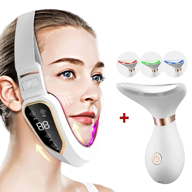 Electric V Face Lifting Double Chin Reducer Lifting Facial Slimming Shaping Microcurrent Led Light Devices Neck Massager Lift white kit 04